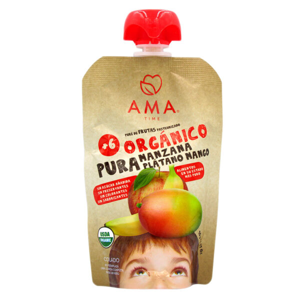 Pure de fruta sabor Manzana Platano mango organico 90 ml marca AMA
