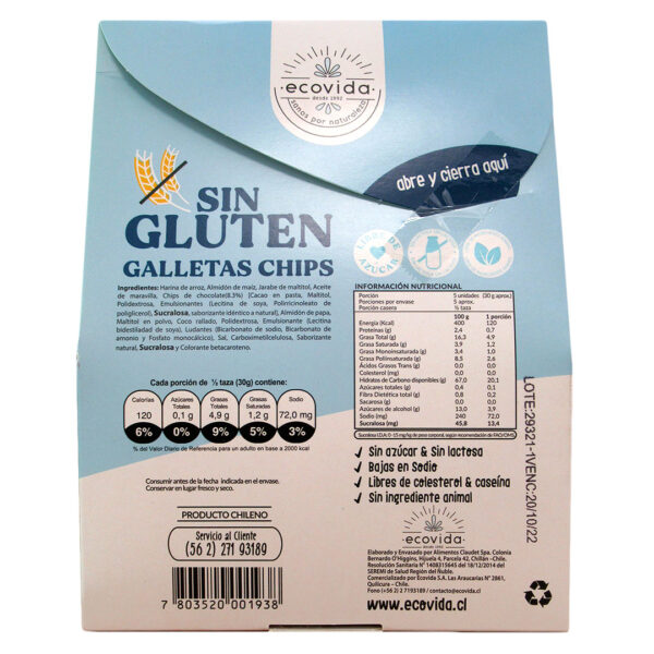 Galletas Con Chips de Chocolate Sin Gluten Sin Azúcar Sin Lactosa Vegana 150 grs Marca EcoVida 4 ETIQUETA 1150194 1
