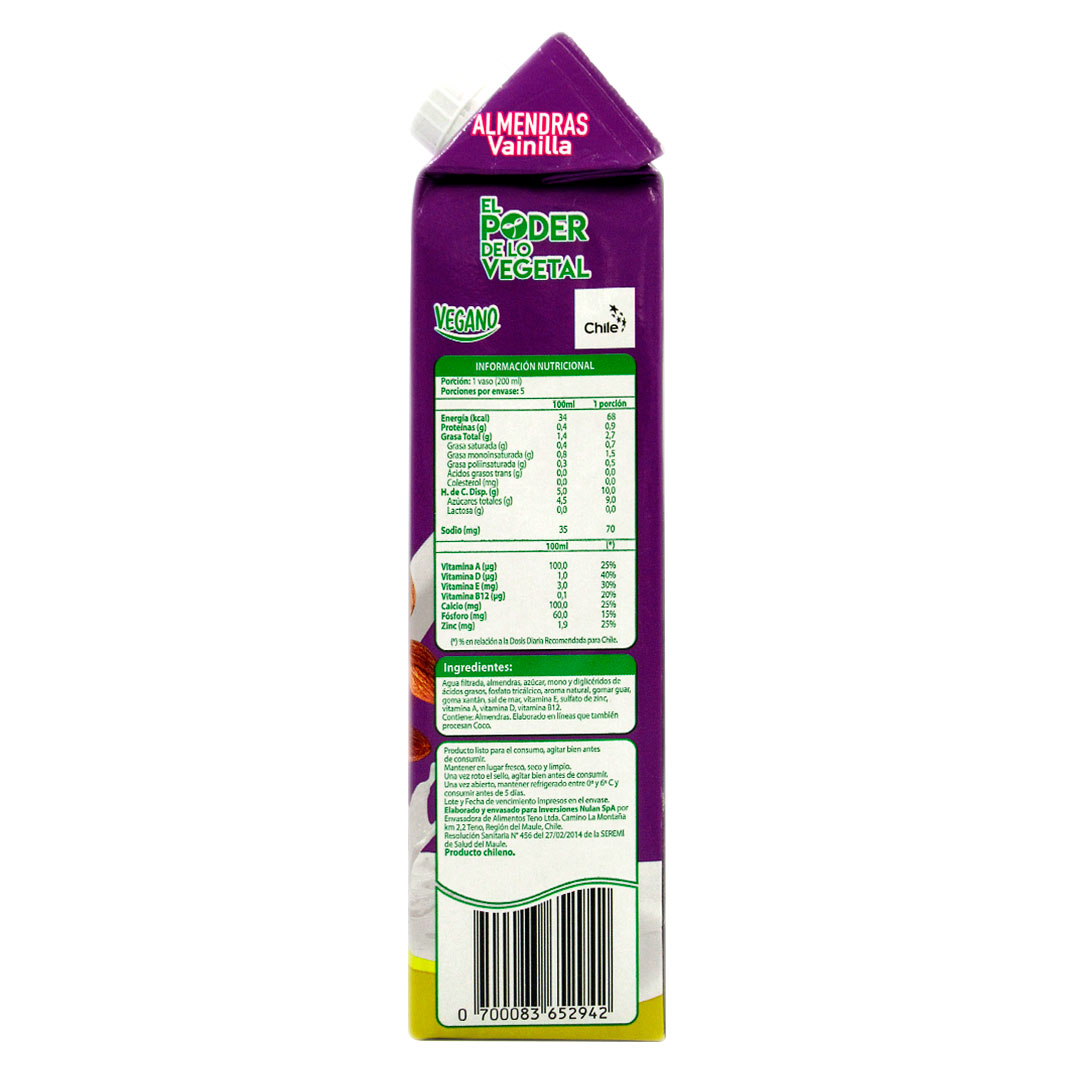 Bebida Vegetal de Almendras Sin Gluten Sin SoyaSabor Vainilla 1 Lt Marca Vilay - Imagen 2