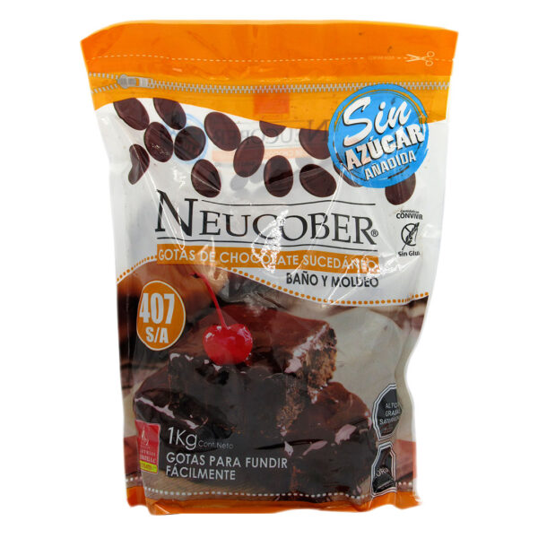 Gotas de Chocolate Sucedaneo para baño y moldeo Sin Azucar añadida Sin Gluten 1 kg Marca Neucober