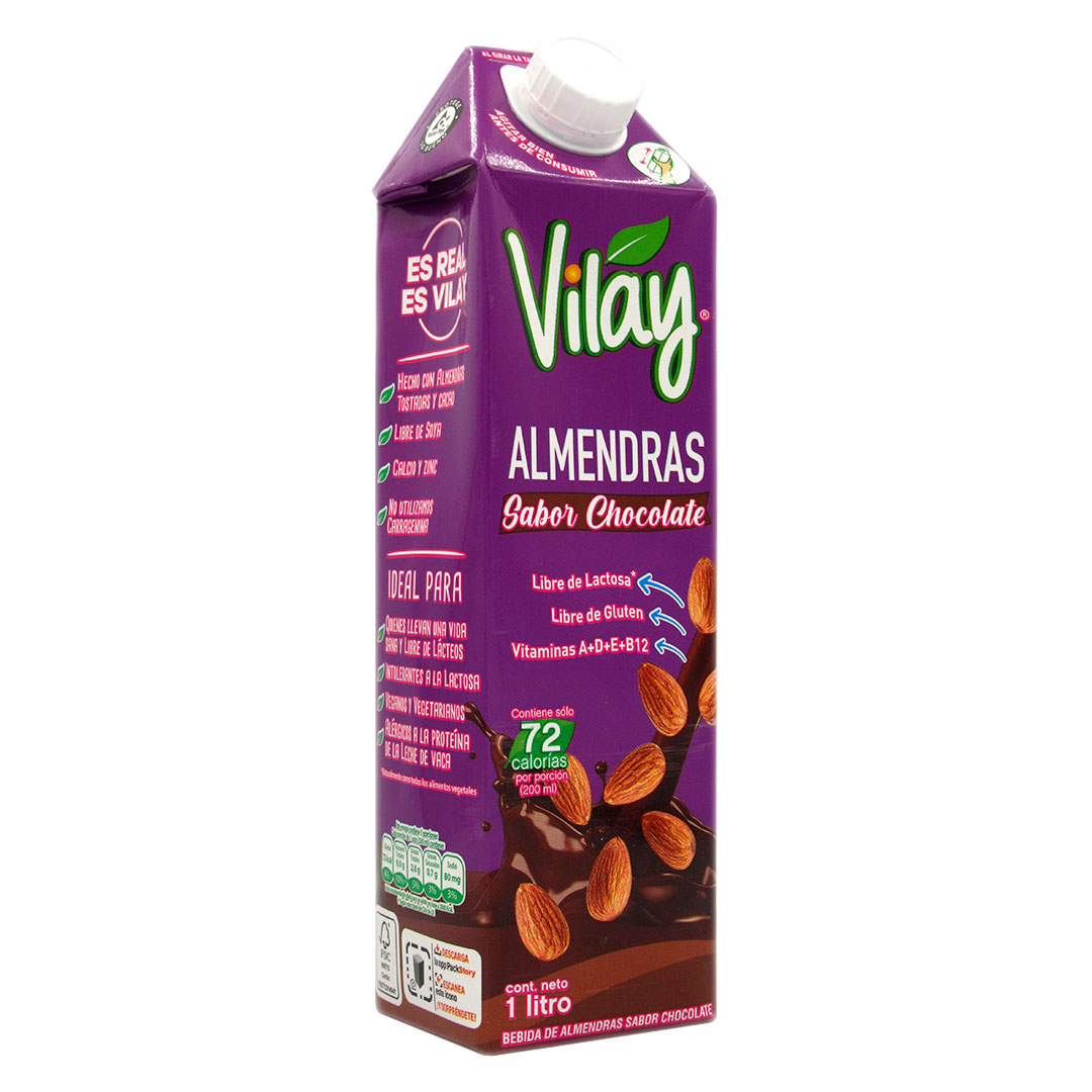 Bebida Vegetal de Almendras Sin Gluten Sin Soya Sabor Chocolate 1 LT Marca Vilay