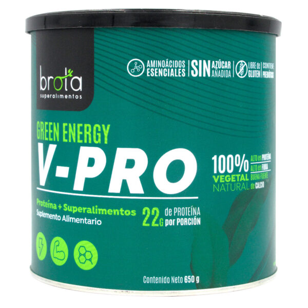Green Energy V-Pro Proteina Vegana + Superalimentos Libre de Gluten Sin Azucar 650 gr Marca Brota