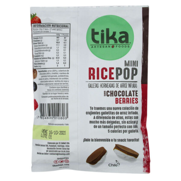 Galleta de Arroz Sabor Chocolate Berries Vegano 0 Azucar Añadida Libre de Gluten 22 gr Marca Tika 3 ETIQUETA 1150204