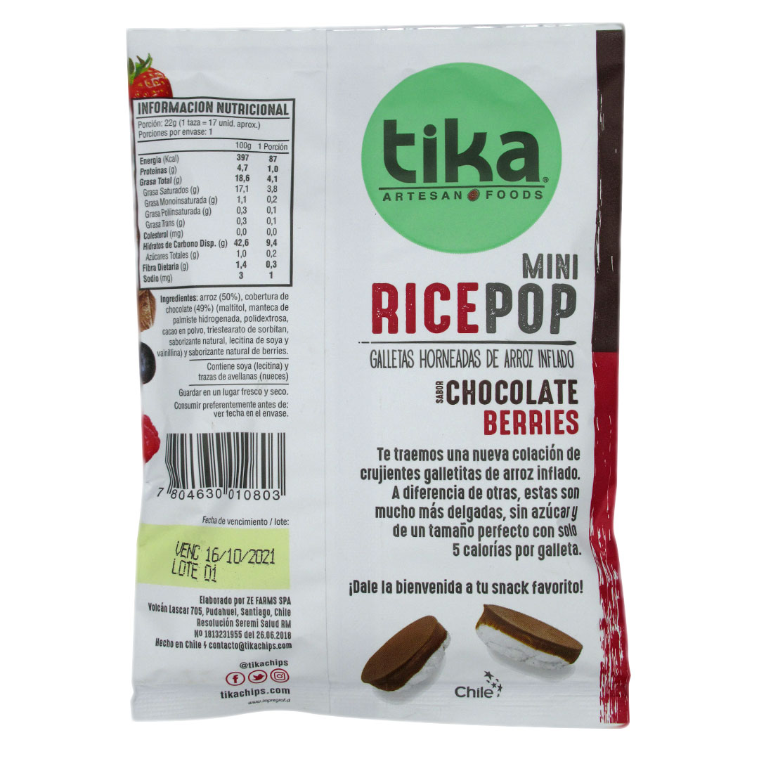 Galleta de Arroz Sabor Chocolate Berries Vegano 0 Azucar Añadida Libre de Gluten 22 gr Marca Tika 2 Galleta de Arroz Sabor Chocolate Berries Vegano 0 Azucar Añadida Libre de Gluten 22 gr Marca Tika - Imagen 2