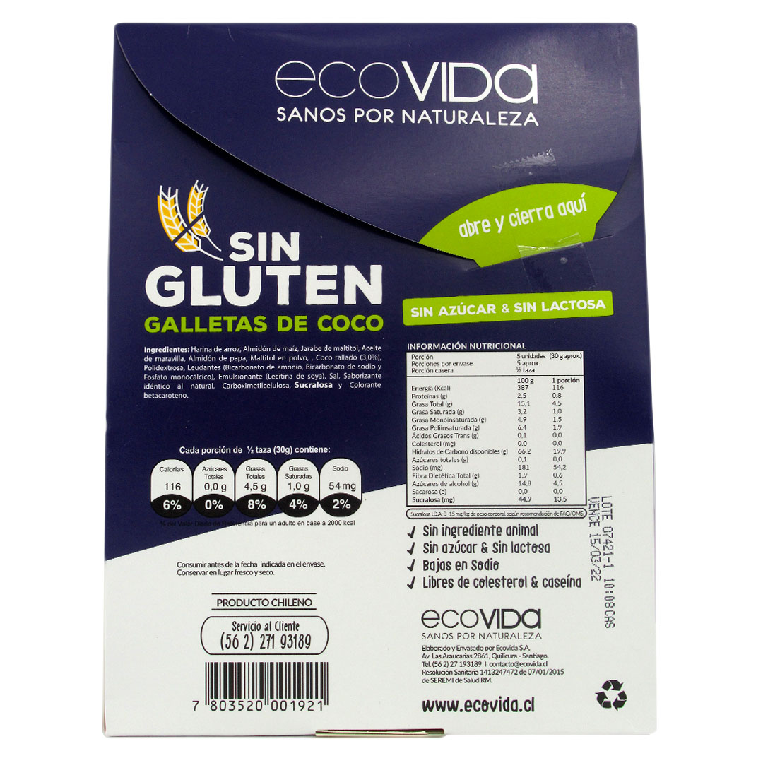 Galletas Veganas Coco Sin AzúcarSin Gluten 150 grs marca Eco Vida 3 Galletas Veganas Coco Sin AzúcarSin Gluten 150 grs marca Eco Vida - Imagen 3