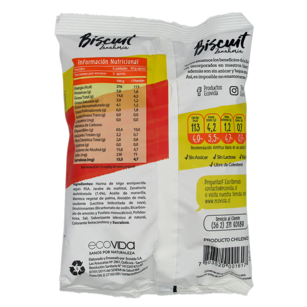 Galletas Veganas Biscuit Zanahoria Sin Azúcar 150 grs marca Eco Vida 2 Galletas Veganas Biscuit Zanahoria Sin Azúcar 150 grs marca Eco Vida - Imagen 2