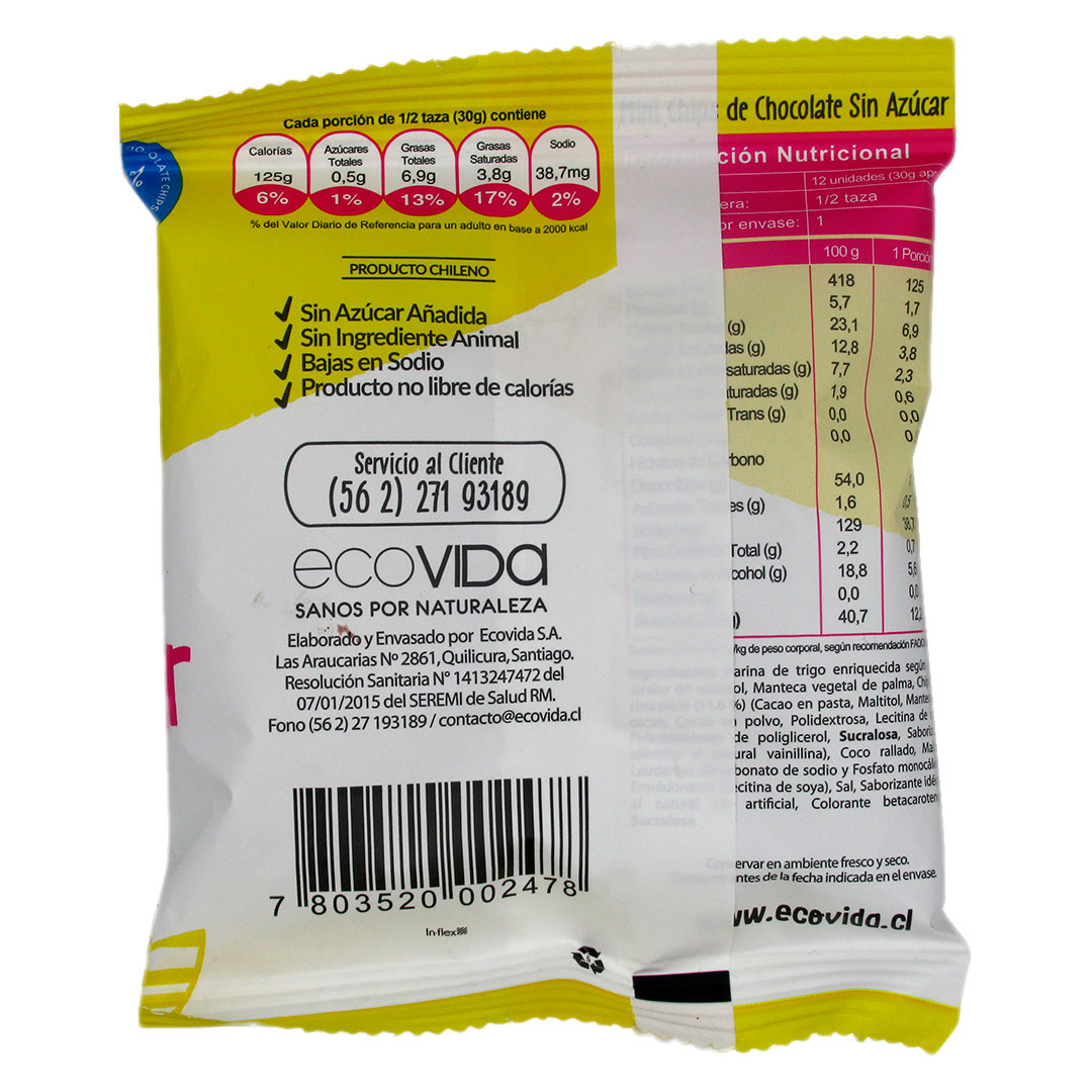 Mini Galletas Chips de Chocolate Vegana Sin Azúcar 30 grs marca Eco Vida 2 Mini Galletas Chips de Chocolate Vegana Sin Azúcar 30 grs marca Eco Vida - Imagen 2