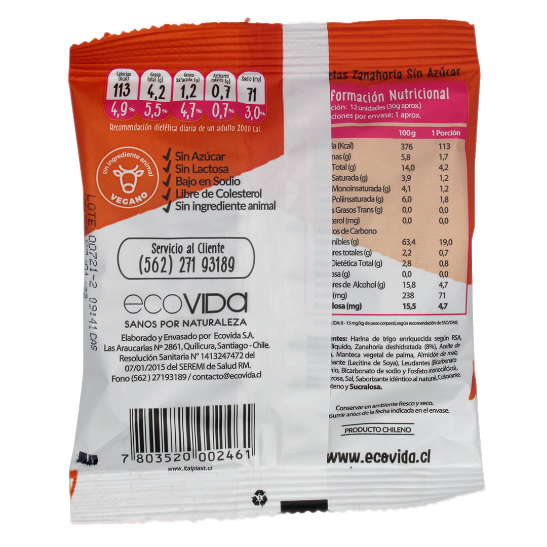 Mini Galletas de Zanahoria Sin Azúcar 30 grs marca Eco Vida - Imagen 2