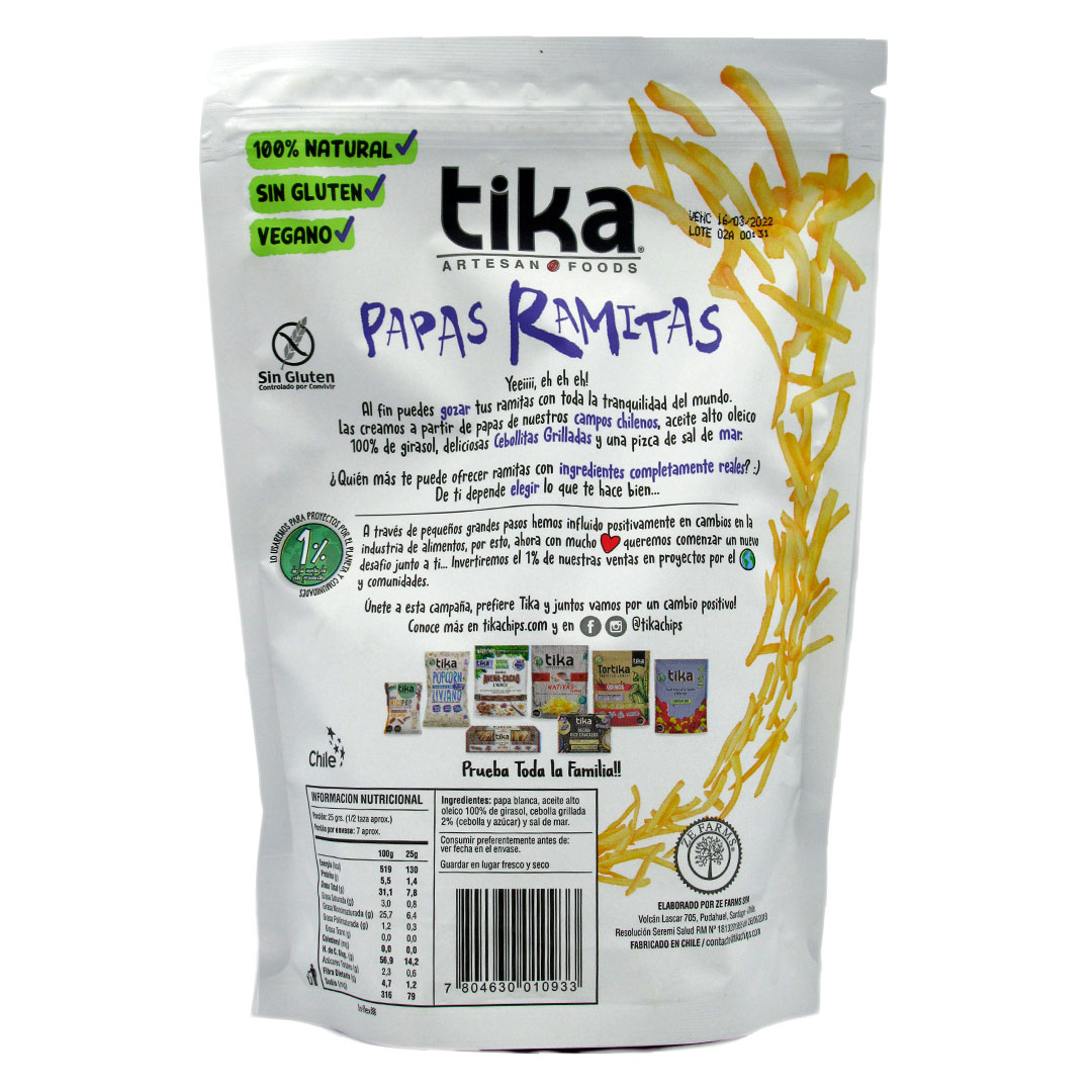 Papas Ramitas Con Cebolla Grillada Sin Gluten Vegana 100% Natural 170 Grs Marca Tika - Imagen 2