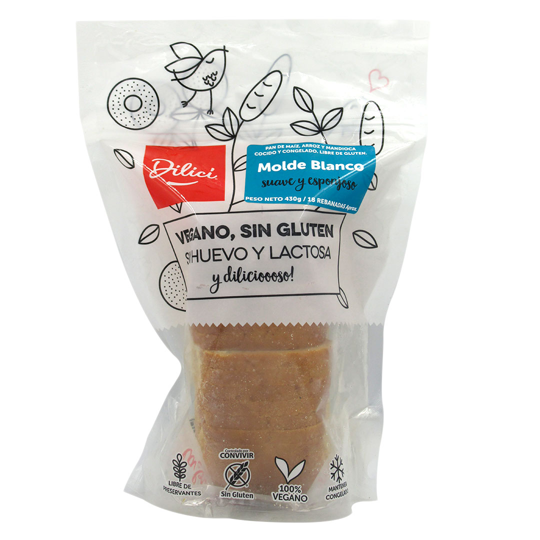 Pan de Molde Blanco Suave y Esponjoso Sin Gluten 430 grs marca Dilici