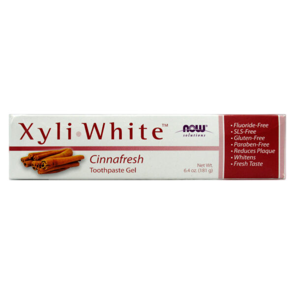 Pasta Dental Xyli White Canela Sin Fluor Sin Gluten 181 grs marca Now 5 FRENTE 4040355