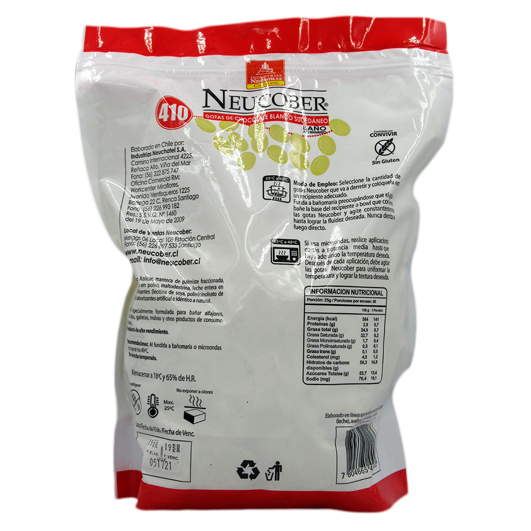 Gotas de Chocolate Blanco para baño Alto Rendimiento, Sin Gluten , 1 kg, Marca Neucober - Imagen 2