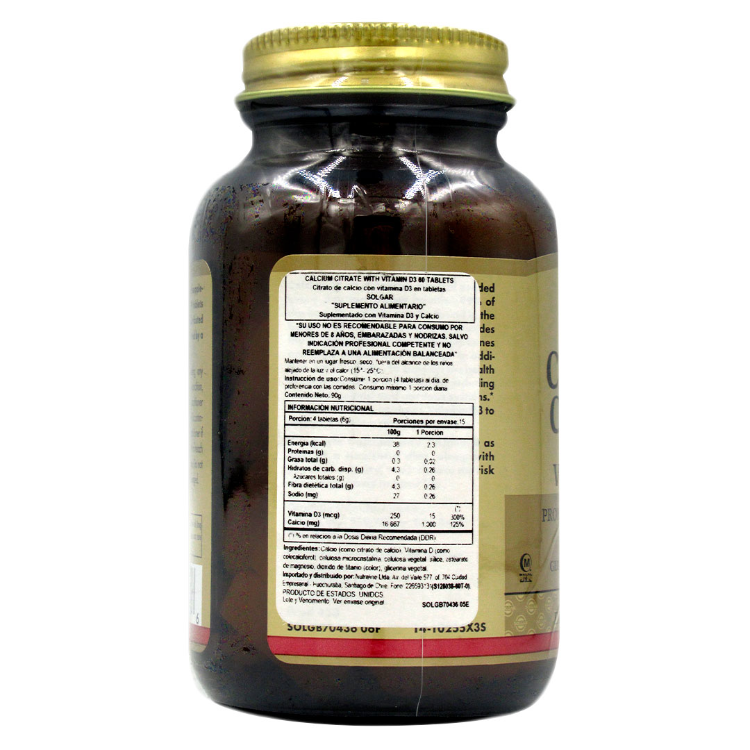 Calcio Citrato Con Vitamina D, Sin Gluten, 60 Tabletas, Marca Solgar - Imagen 3