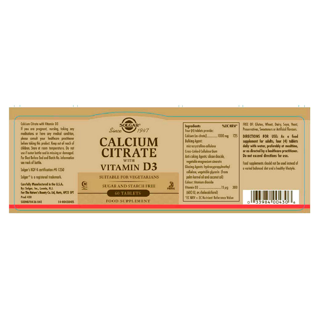 Calcio Citrato Con Vitamina D, Sin Gluten, 60 Tabletas, Marca Solgar - Imagen 2