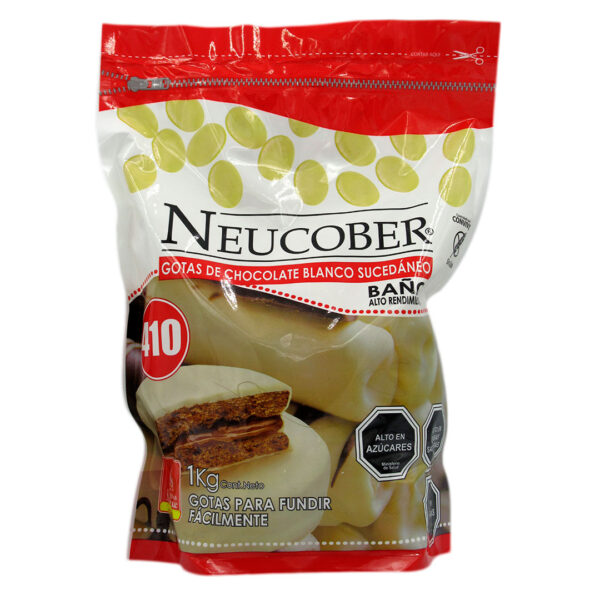 Gotas de Chocolate Blanco para baño Alto Rendimiento, Sin Gluten , 1 kg, Marca Neucober