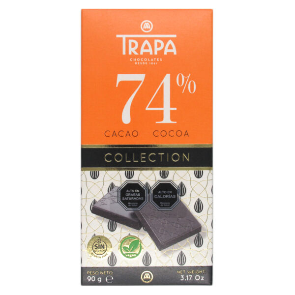 Barra de Chocolate 74% Cacao Collection Sin Gluten Vegano 80 gr Marca Trapa