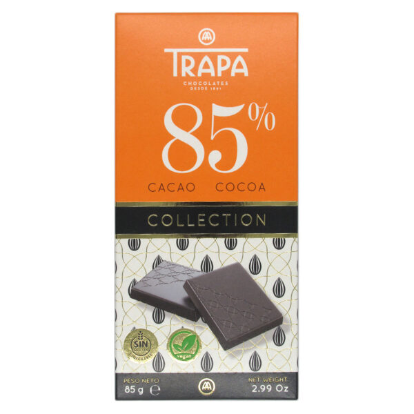Barra de Chocolate 85% Cacao Collection Sin Gluten Vegano 85 gr Marca Trapa