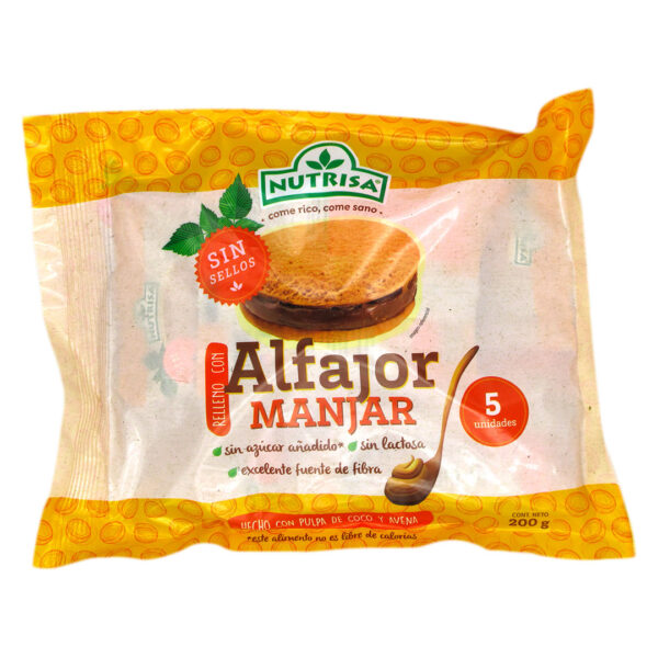 Alfajor Relleno de Manjar sin azúcar sin lácteos 5 unidades 200 grs marca Nutrisa