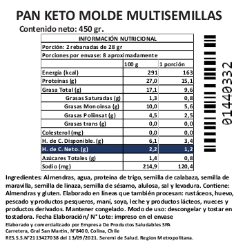 (D) Pan Keto Multisemillas Rebanado Familiar 450 gr Marca Tremus - Imagen 3