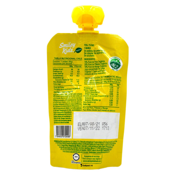 Pure de Frutas Organico Sin Gluten Pera Platano y Mango 90 Grs Marca Smiley Kids 3 ETIQUETA 1430141