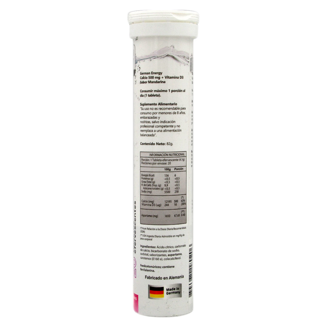 Calcio + Vitamina D3 Sabor Mandarina Sin Gluten 20 Tabletas Efervescentes Marca German Energy - Imagen 2