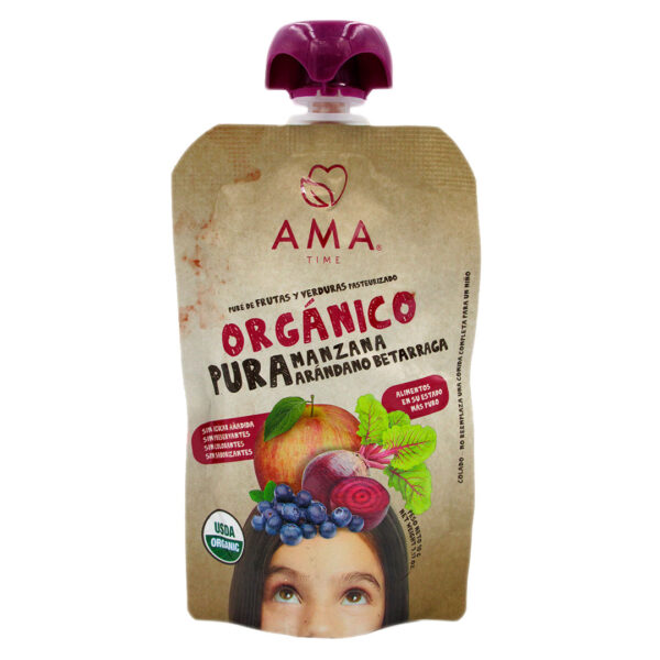 Pure de Fruta Organico Sabor Manzana Aranadano Beterraga 90 gr marca AMA