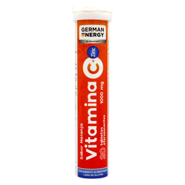 Vitamina C + Zinc 1000 mg Sabor Naranja Sin Gluten 20 Tabletas Efervescentes Marca German Energy