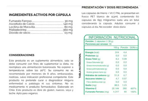 Hierro + Vitamina C Vegano 60 cápsulas Vegetales Marca FNL - Imagen 2