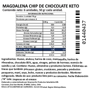 (D) Magdalena Keto Sabor Vainilla con Chip Chocolate 6 un 70 gr c/u Marca Tremus - Imagen 3