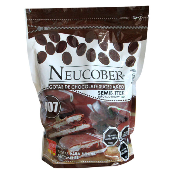 Gotas de Chocolate Sucedaneo Semibitter baño Alto Rendimiento Sin Gluten  1 kg Marca Neucober