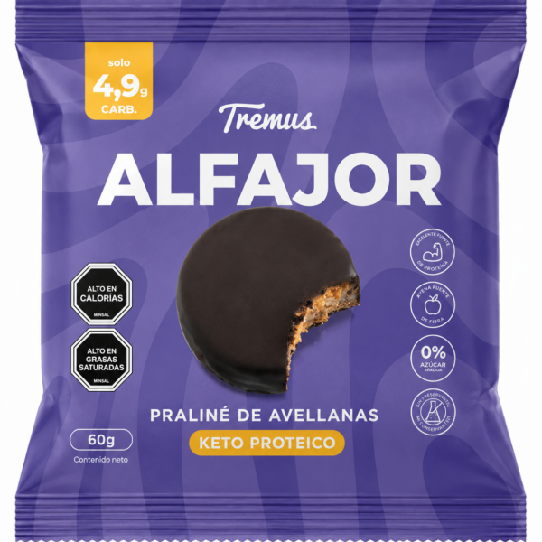Alfajor Praline de Avellanas, Keto Proteico, Sin Azucar Añadida, 60 g, Tremus