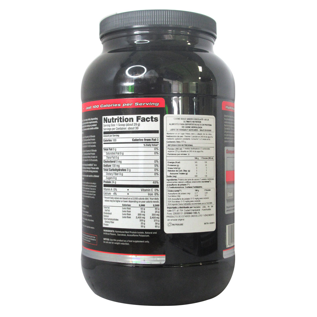 Proteina CARNEBOLIC, Sabor Chocolate, Sin Lactosa, 870 g, Marca Ultimate Nutrition - Imagen 2