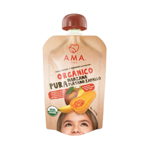 Pure de  Manzana Plátano Zapallo Orgánico 90 grs Marca AMA