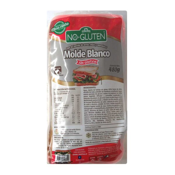 Pan Molde Blanco Sin Gluten Sin Lactosa 480 Grs Marca Nutrisa