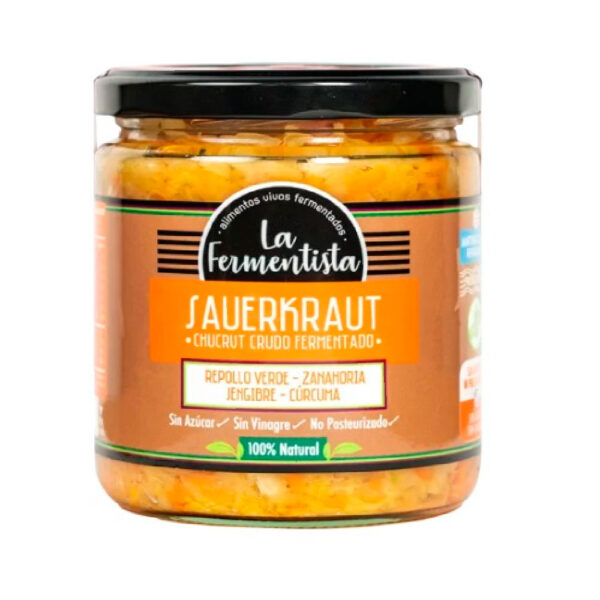 Sauerkraut Repollo Verde Zanahoria Cúrcuma Jengibre Raices Nobles 400gr Marca La Fermentista