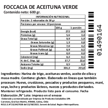Focaccia de aceitunas sevillanas. 600 gr. Marca Tremus - Imagen 2