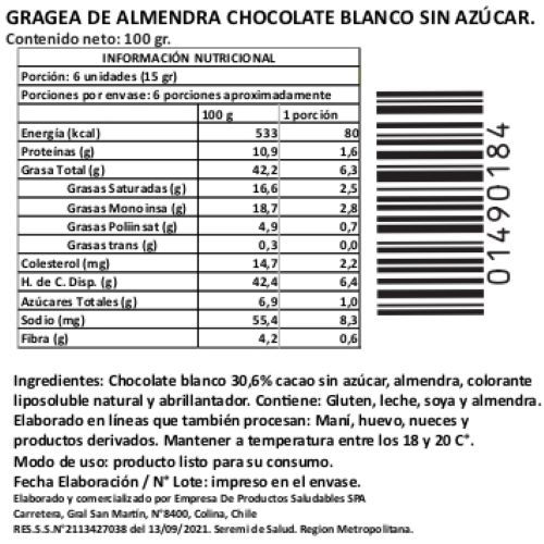 Grageas de Almendras Bañadas en Chocolate Blanco, Sin Azúcar Añadida, 100 g, Tremus - Imagen 2