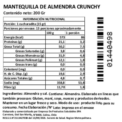 Mantequilla de Almendra Crunchy, Keto, Vegana, Sin Azúcar Añadida, 200 g, Tremus - Imagen 2