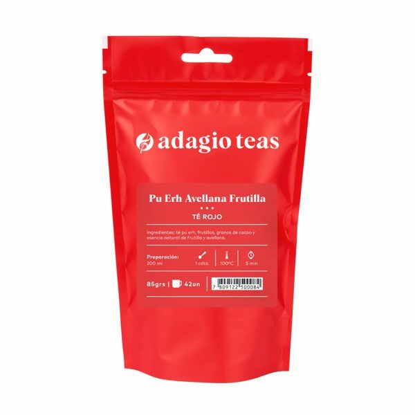 Té Rojo en Hierbas Avellana Frutilla libre de cafeina 85 grs rinde 42 un Marca Adagio Teas