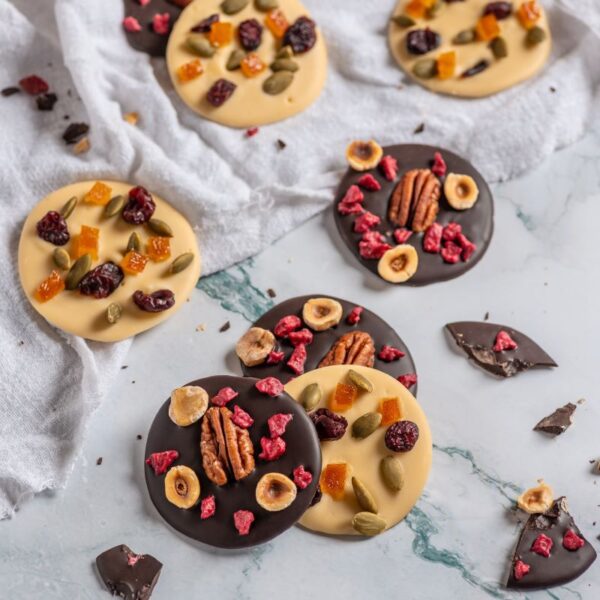 Monedas de Chocolate "Mendiants". sin Azúcar. Keto. Mix Sabores. 8 Un. Marca Tremus