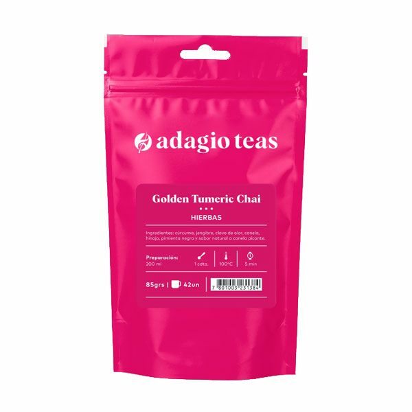 Té Hierbas Golden Turmeric Chai libre de cafeina 85 grs rinde 42 un Marca Adagio Teas