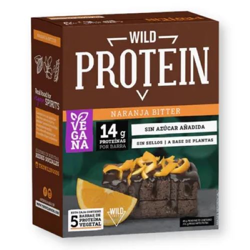 Caja  5 Barras de Proteinas Vegetal Sin Azúcar Añadida Sabor Chocolate Naranja 225 gr marca Wild Pro