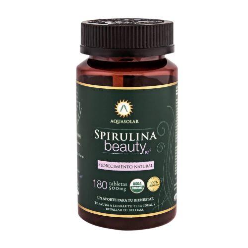 Spirulina Beauty 500 mg 100% Orgánica 180 tabletas Marca Aquasolar