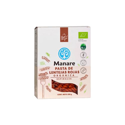 Pasta sin Gluten Espirales Lentejas Rojas organica 250gr marca Manare