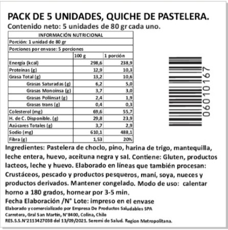 (D) Pack 5 Unidades Quiche de Pastel de Choclo Calameño, Marca Tremus - Imagen 7