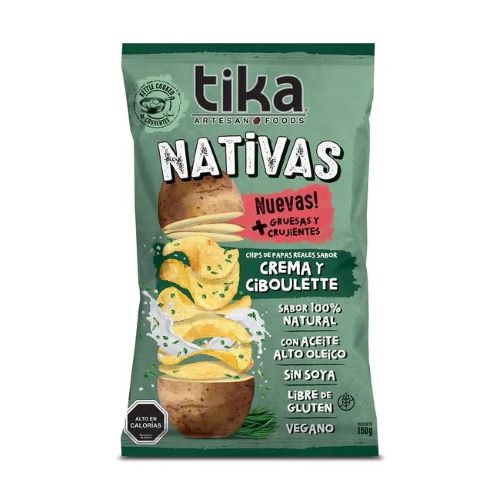 Chips de Papas Nativas de Crema y Ciboulette Sin Glúten 150 grs marca Tika