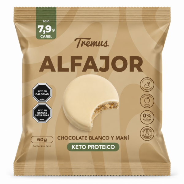 Alfajor Chocolate Blanco y Mantequilla de Mani, Keto Proteico, Sin Azucar Añadida, 60 g, Tremus