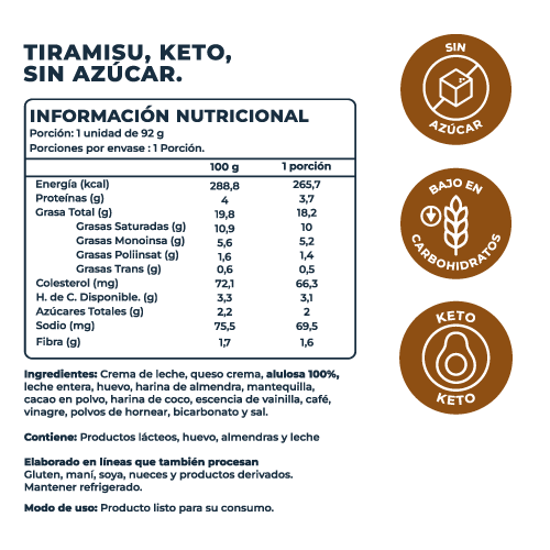 Postre Tiramisú Keto, Sin Azúcar Añadida, 92 g, Tremus - Imagen 4