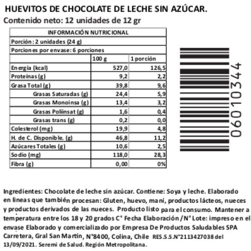 (D) Huevitos De Chocolate de Leche, 12 unidades, Sin Azúcar, Marca Tremus - Imagen 2