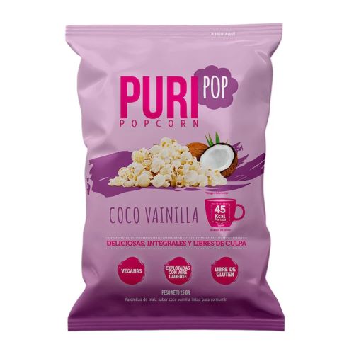 Popcorn Libre de Gluten Sabor Coco Vainilla 25Gr. Marca PuriPop